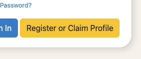 SACPVP Member Portal login screen highlighting the yellow "Register or Claim Profile" button